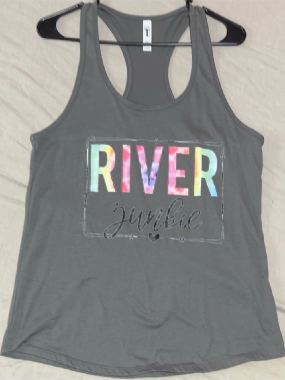 River Junkie Women's Gray Racerback Tank with Rainbow Print